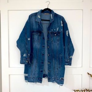 Long distressed denim jacket